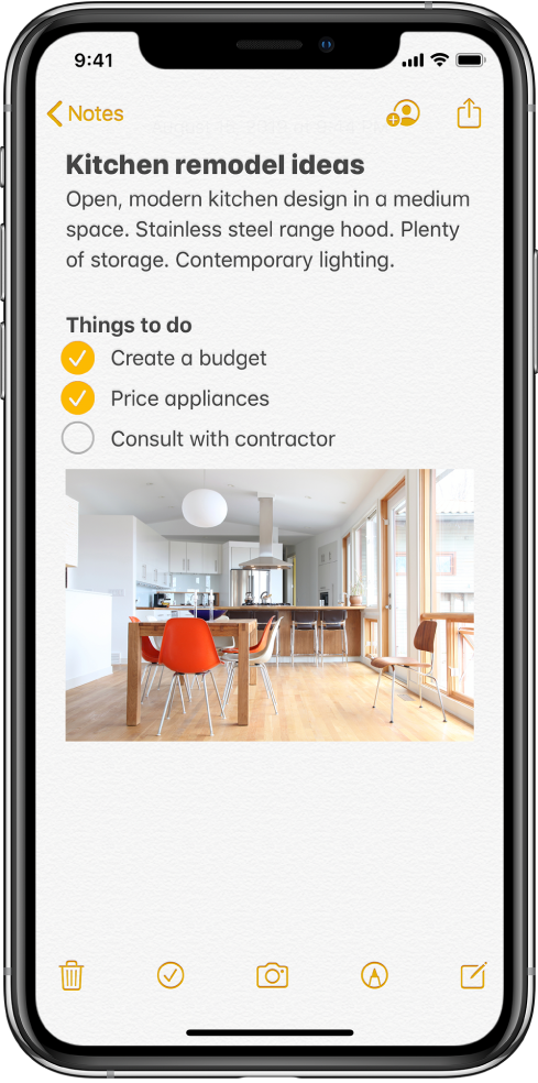 A note showing text for kitchen remodeling ideas and a to-do checklist. There are buttons to collaborate with other people on the note and to share the note. There are buttons at the bottom to delete the note, add a checklist, add a photo, show handwriting tools, and create a new note.
