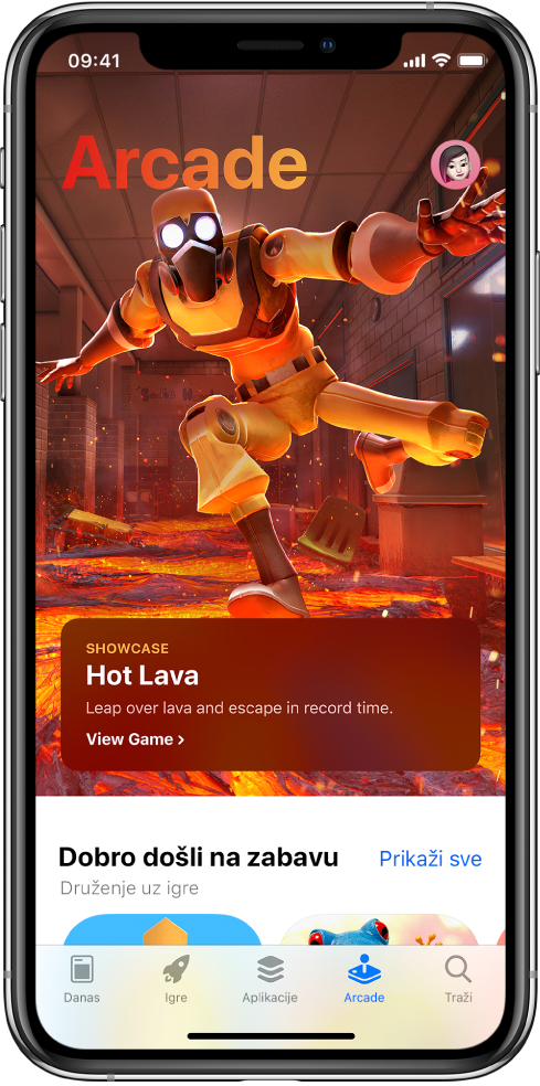 Zaslon Arcade unutar trgovine App Store s izdvojenom igrom. Vaša profilna slika, koju možete dodirnuti za prikaz kupljenih stavki i upravljanje pretplatama, nalazi se u gornjem desnom uglu. Na dnu, slijeva nadesno, nalaze se kartice Danas, Igre, Aplikacije, Arcade i Traži.