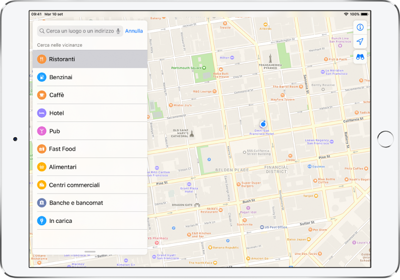 Una mappa che mostra una parte del centro di San Francisco. Sulla sinistra è visibile un elenco di elementi tra cui Ristoranti, Caffetterie e Fast Food; Ristoranti è selezionato. Sulla mappa, delle icone arancioni indicano i luoghi in cui mangiare. In alto a destra sono presenti i pulsanti per le informazioni, per la posizione e per il 3D.