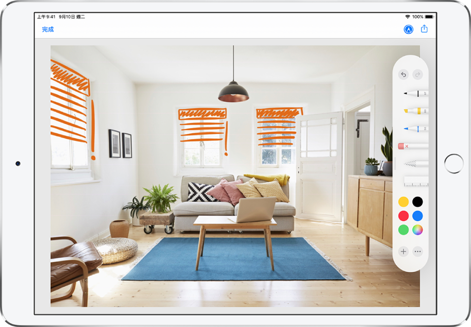 一張照片填滿 iPad 螢幕。螢幕右側為「標示工具面板」，包含以下標示工具，由左至右分別為：筆、麥克筆、鉛筆、橡皮擦、套索、尺標、顏色選擇器，以及「加入」和「更多選項」按鈕。「完成」按鈕位於左上角。「標示」按鈕和「分享」按鈕位於右上角。
