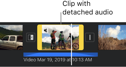 A video clip in the timeline with a blue detached audio clip below.