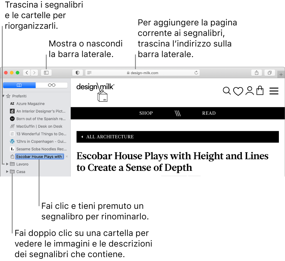 Una finestra di Safari che mostra i segnalibri nella barra laterale; un segnalibro è selezionato per la modifica.