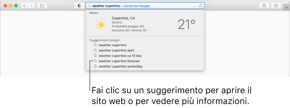 La frase di ricerca “meteo cupertino” inserita nel campo di ricerca smart e i risultati dei suggerimenti Safari.