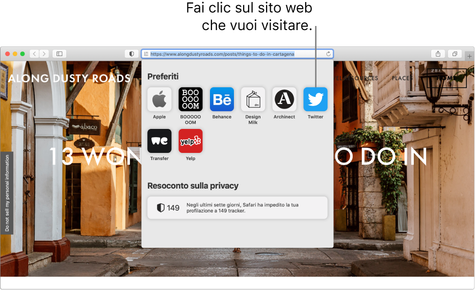 Il campo di ricerca smart di Safari; sotto di esso si trova la pagina di avvio che mostra Preferiti e un Resoconto sulla privacy.