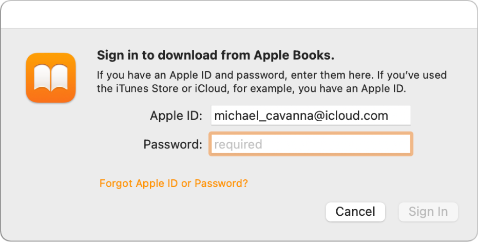 The dialog to sign in to Apple Books using an Apple ID and password.