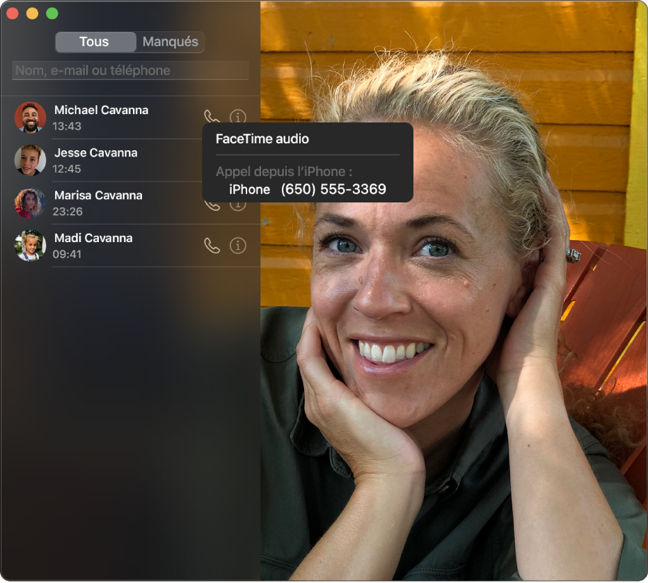 Fenêtre FaceTime montrant comment passer un appel téléphonique ou audio avec FaceTime.