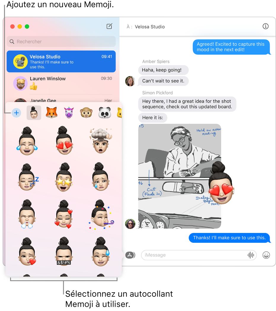 La fenêtre Messages avec plusieurs conversations dans la barre latérale de gauche, ainsi qu’une conversation ouverte sur la droite. Lorsque vous choisissez « Autocollants Memoji » depuis le bouton Apps, vous pouvez sélectionner un autocollant Memoji à utiliser ou en créer un.