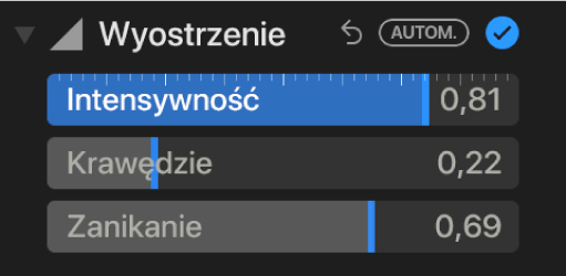 Narzędzia pod etykietą Wyostrzanie w panelu Korekta. Widoczne są suwaki Intensywność, Krawędzie oraz Zanikanie.