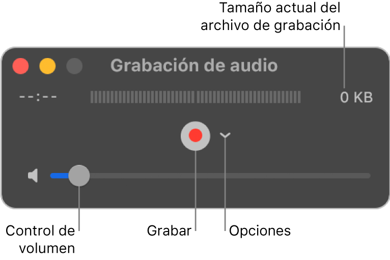 La ventana "Grabación de audio" con el botón Grabar, el menú desplegable Opciones en el centro de la ventana y el control de volumen en la parte inferior.