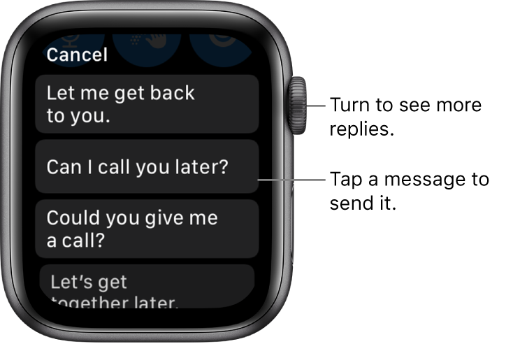 Messages screen showing Cancel button at top, and three preset replies (“Let me get back to you.”, "Can I call you later?", and "Could you give me a call?").