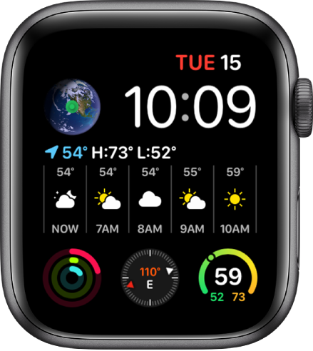 The Infograph Modular watch face showing multiple complications with the Earth complication at the top left, the Weather complication spans the middle of the watch face, and three subdial complications along the bottom: Activity, Compass, and Weather Temperature.