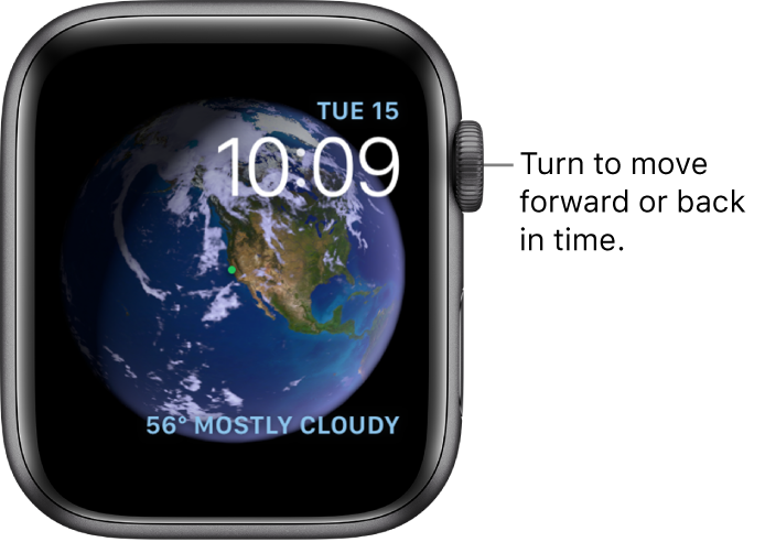 The Astronomy watch face, which displays the day, date, and current time. A Weather complication is at the bottom right. Turn the Digital Crown to move forward or back in time.