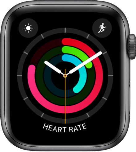 Activity Analog watch face showing the time as well as Move, Exercise, and Stand goal progress. There are also three complications: Weather Conditions at the top left, Workout at the top right, and Heart Rate at the bottom.