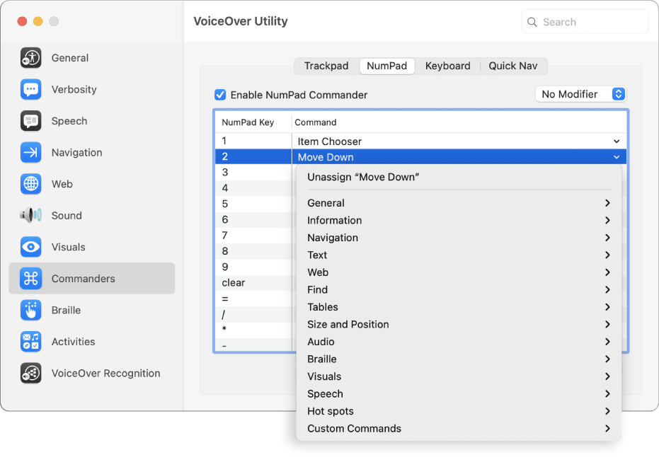 The VoiceOver Utility window showing the Commanders category selected in the sidebar and the NumPad pane selected on the right. At the top of the NumPad pane, the Enable NumPad Commander checkbox is selected. No Modifier is selected from the Modifier pop-up menu. Below the checkbox and pop-up menu is a table with two columns: NumPad Key and Command. The second row is selected and contains 2 in the NumPad Key column and Move Down in the Command column. A pop-up menu below Move Down shows command categories, such as General; each category has an arrow to display commands that can be assigned to the current NumPad key.