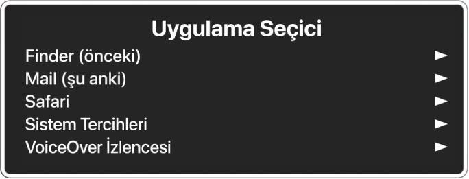 Finder ve Sistem Tercihleri de dâhil olmak üzere beş tane açık uygulamayı listeyen Uygulama Seçici. Listedeki her öğenin sağında bir ok vardır.