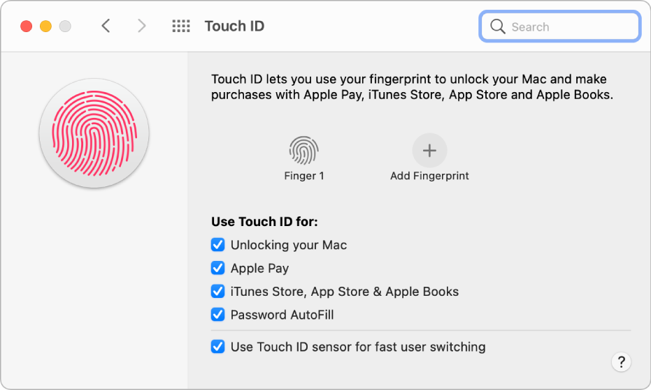 The Touch ID preference pane showing a fingerprint is ready and can be used to unlock the Mac.