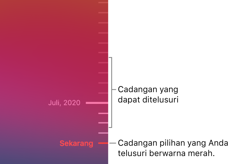 Tanda centang di garis waktu cadangan. Tanda centang merah menunjukkan cadangan yang Anda telusuri.