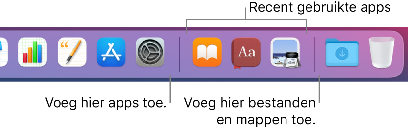 De rechterkant van het Dock met de scheidingslijn rechts van het gedeelte met recent gebruikte apps.