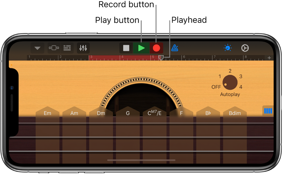 Record button and ruler showing recorded region