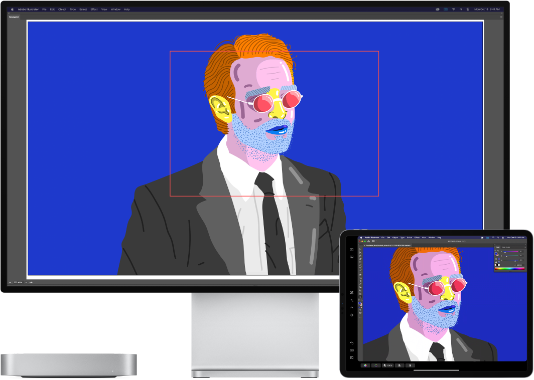 Một Mac mini và một iPad ở cạnh nhau. Mac mini hiển thị hình minh họa bên trong cửa sổ điều hướng của Illustrator. iPad hiển thị cùng một hình minh họa trong cửa sổ tài liệu của Illustrator, được bao quanh bởi các thanh công cụ.