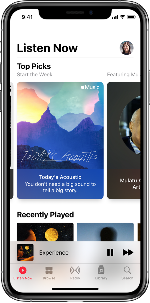 The Listen Now screen showing the profile button at the top right. Top Picks playlists appear below. Below Top Picks is the Recently Played section, showing two albums.