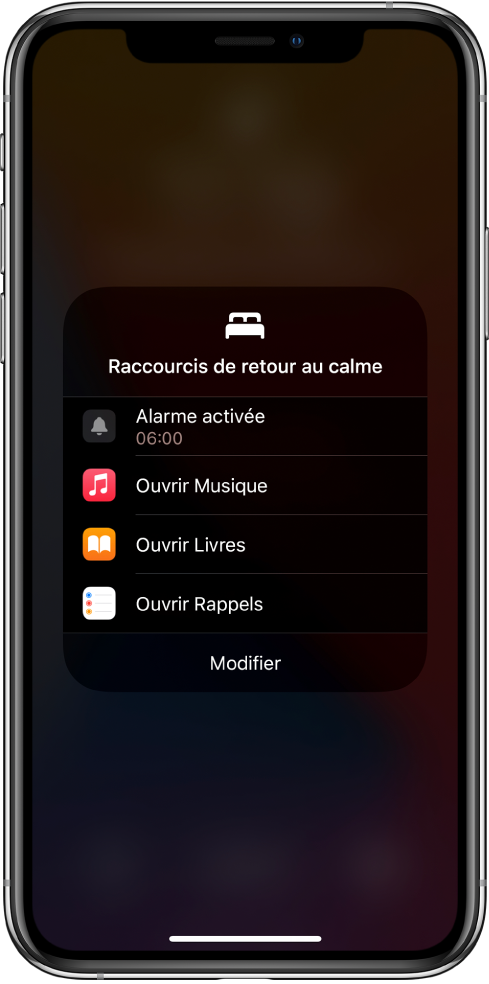 Un écran « Raccourcis de retour au calme » avec des raccourcis pour ouvrir Musique, Livres et Rappels.