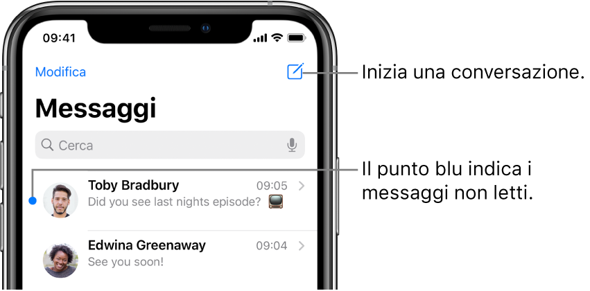 L'elenco di Messaggi con il pulsante Modifica in alto a sinistra, mentre il pulsante Scrivi si trova in alto a destra. Un pallino blu a sinistra del messaggio indica che non è stato letto.