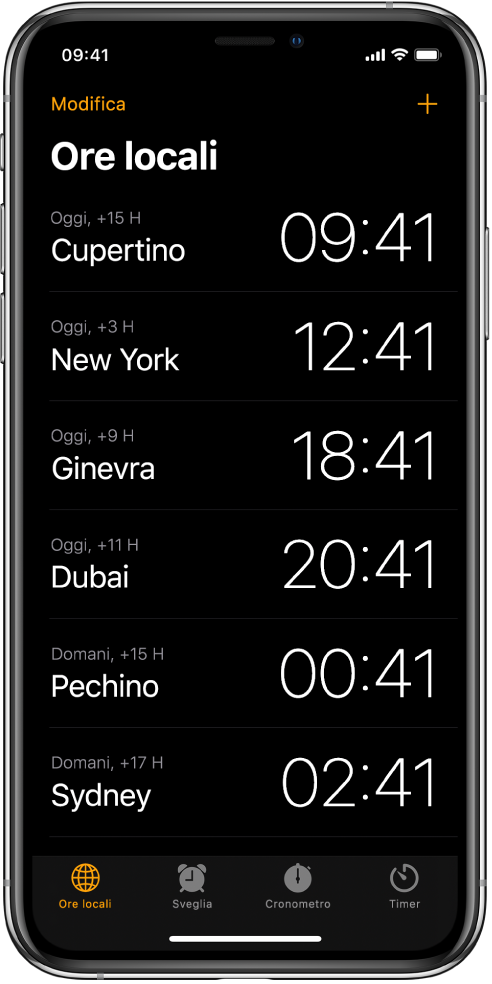 Il pannello “Ore Locali” che mostra l'ora in diverse città. In alto a sinistra, tocca Modifica per organizzare gli orologi. Per aggiungerne altri, tocca il pulsante Aggiungi in alto a destra. I pulsanti “Ore locali” Sveglia, Cronometro e Timer si trovano nella parte inferiore dello schermo.