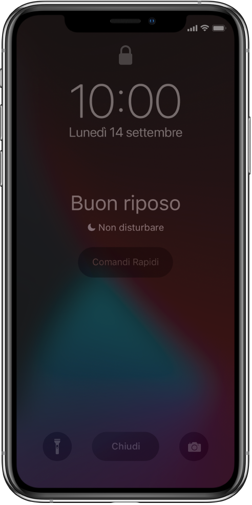 Lo schermo di iPhone che mostra le scritte “Buon riposo” e “Non disturbare è attivo” al centro. Sotto è presente il pulsante di Comandi Rapidi. Nella parte inferiore dello schermo, da sinistra a destra, sono visibili i pulsanti Torcia, Chiudi e Fotocamera.