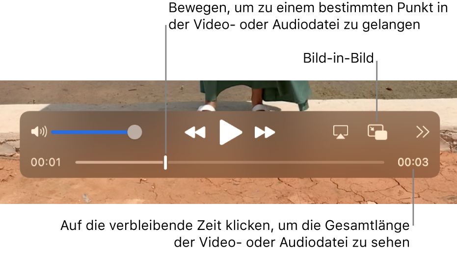 Die QuickTime-Wiedergabesteuerungen Oben befinden sich der Lautstärkeregler, die Rückspultaste, die Taste „Wiedergabe/Pause“, die Taste für den schnellen Vorlauf, die Taste zum Auswählen eines Displays, die Taste „Bild-in-Bild“ und die Taste zum Teilen und für das Wiedergabetempo. Unten befindet sich die Abspielposition, die du bewegen kannst, um zu einem bestimmten Punkt in der Datei zu gelangen Die verbleibende Wiedergabedauer der Datei wird unten rechts angezeigt