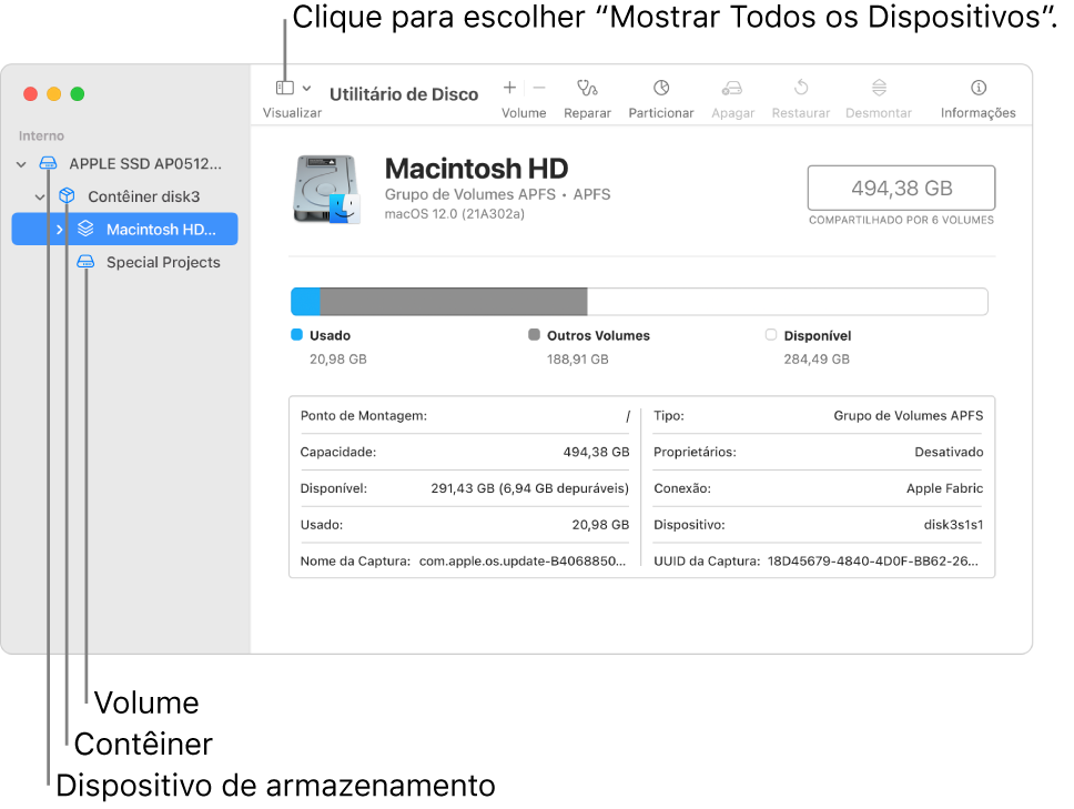 Uma janela do Utilitário de Disco mostrando três volumes, um contêiner e um dispositivo de armazenamento na visualização Mostrar Todos os Dispositivos.