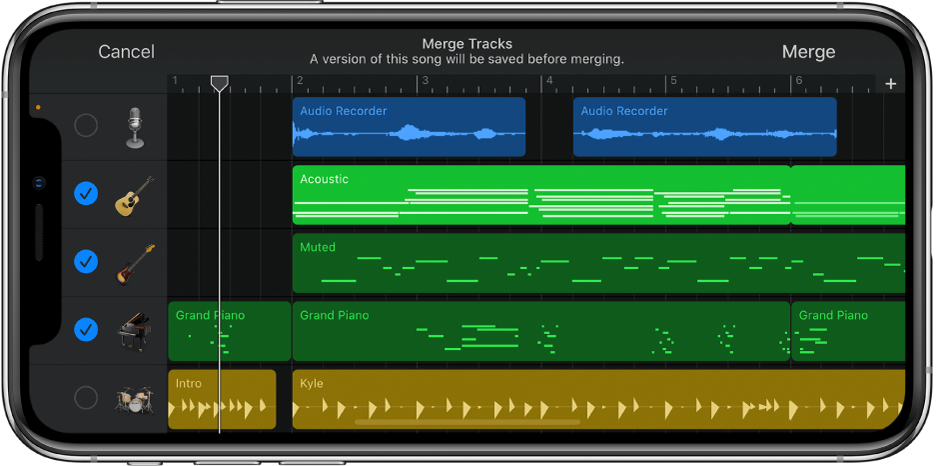 Track headers showing Merge Track circles