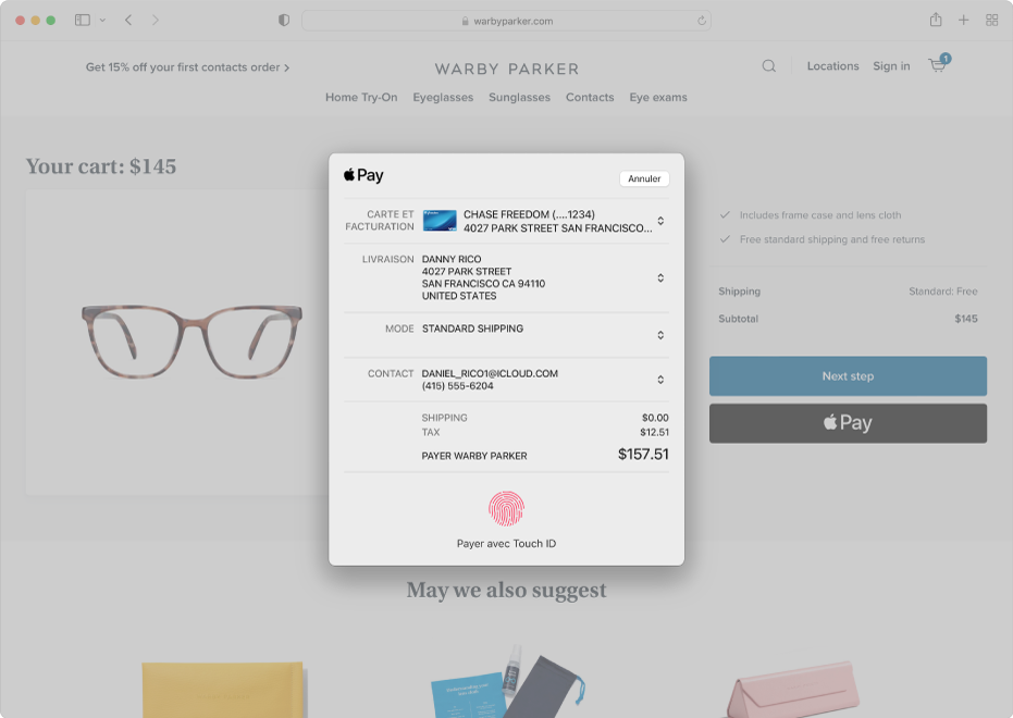 Un site d’achat populaire qui autorise Apple Pay, et les détails de votre achat, notamment la carte de crédit facturée, les informations de livraison, les informations sur la boutique et le prix d’achat.