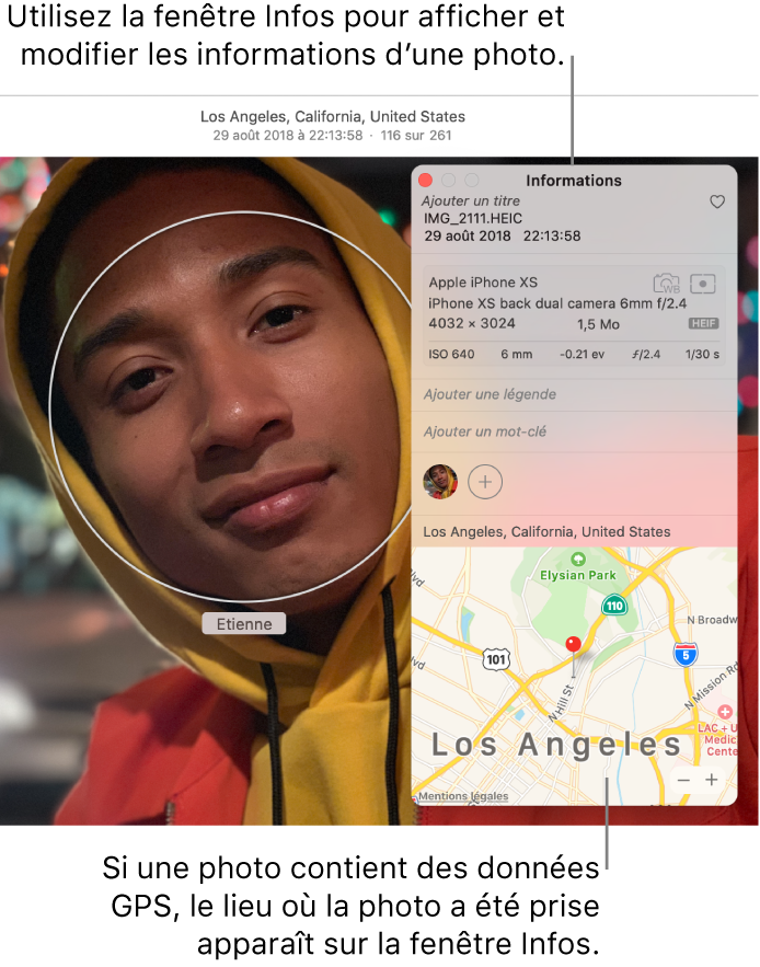 La fenêtre d’informations d’une photo.