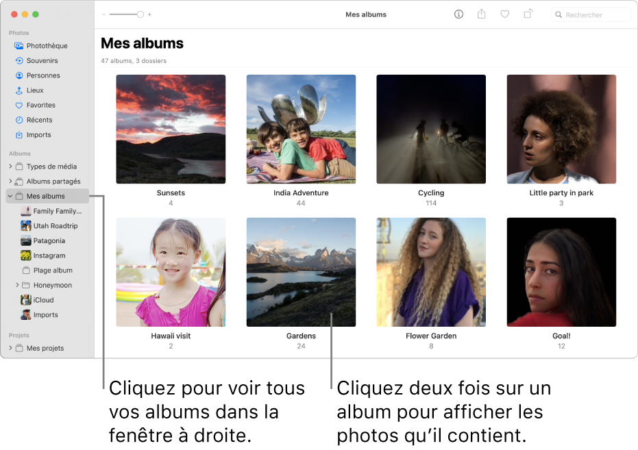 La fenêtre Photos avec Mes Albums sélectionné dans la barre latérale, et les albums que vous avez créés affichés dans la fenêtre de droite.