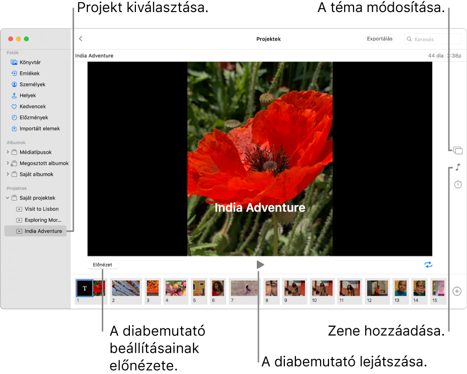 Az ablak fő területén egy diabemutatót megjelenítő Fotók-ablak a diabemutató fő képe alatt lévő Előnézet, Lejátszás és Ismétlés gombokkal, az ablak alján a diabemutató összes képének bélyegképeivel, a jobb oldalon pedig a Téma, Zene és Időtartam gombokkal.