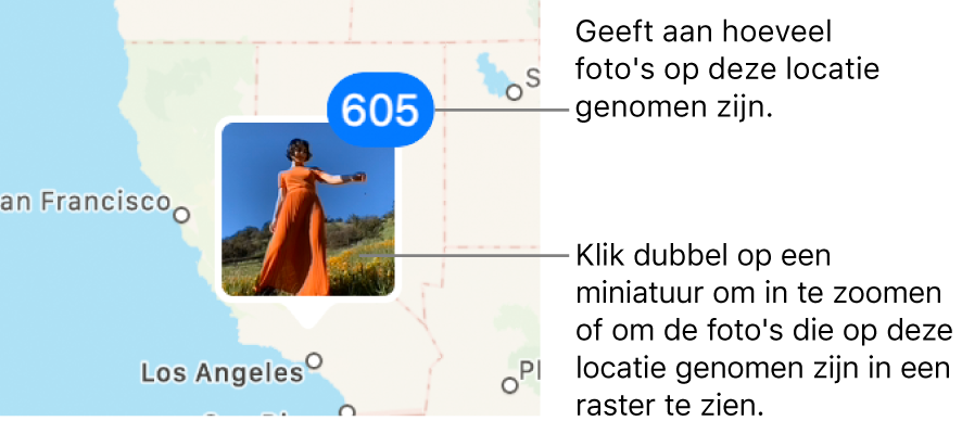 Een fotominiatuur op een kaart, met rechtsbovenin een getal dat aangeeft hoeveel foto's er op die locatie zijn gemaakt.