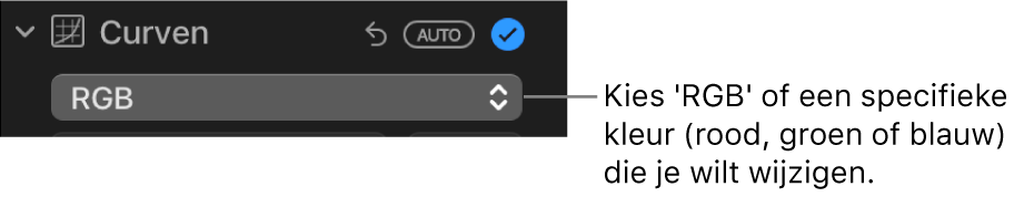 De curveregelaars in het paneel 'Pas aan', met 'RGB' geselecteerd in het venstermenu.