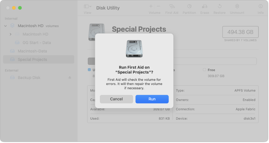 A Disk Utility window showing the First Aid confirmation dialog.