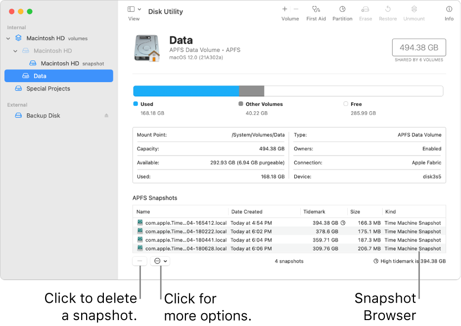 A Disk Utility window showing the snapshot browser.