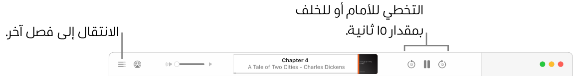 مشغل الكتب الصوتية في Apple Books يعرض، من اليمين إلى اليسار، زر سرعة إعادة التشغيل والزرين تخطي للأمام وتخطي للخلف والزر مؤقت الإسبات وعنوان الكتاب الصوتي قيد التشغيل حاليًا ومؤلفه وشريط تمرير مستوى الصوت وزر جدول المحتويات.