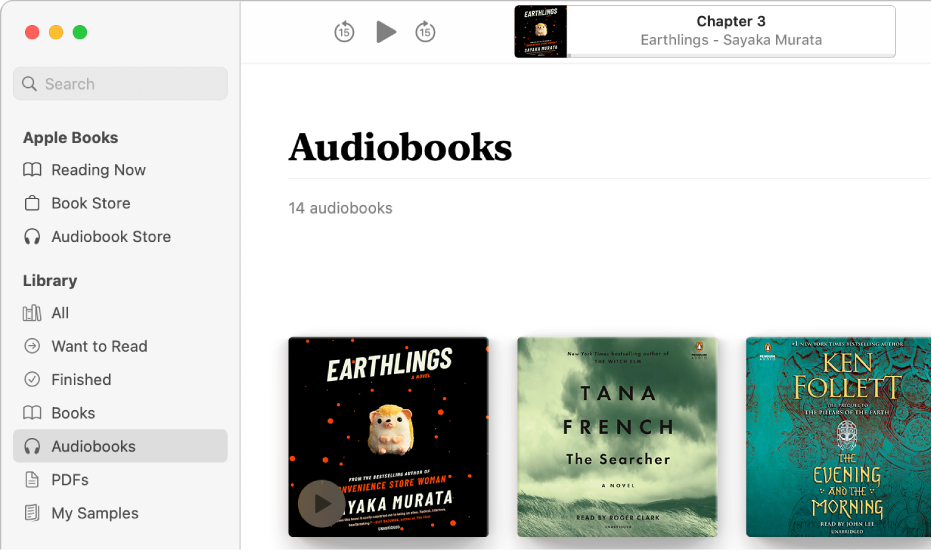 The audiobook player. Along the top are the player’s controls, a thumbnail of the audiobook’s cover, and the audiobook’s title and author. Below is the Audiobooks collection in the library.