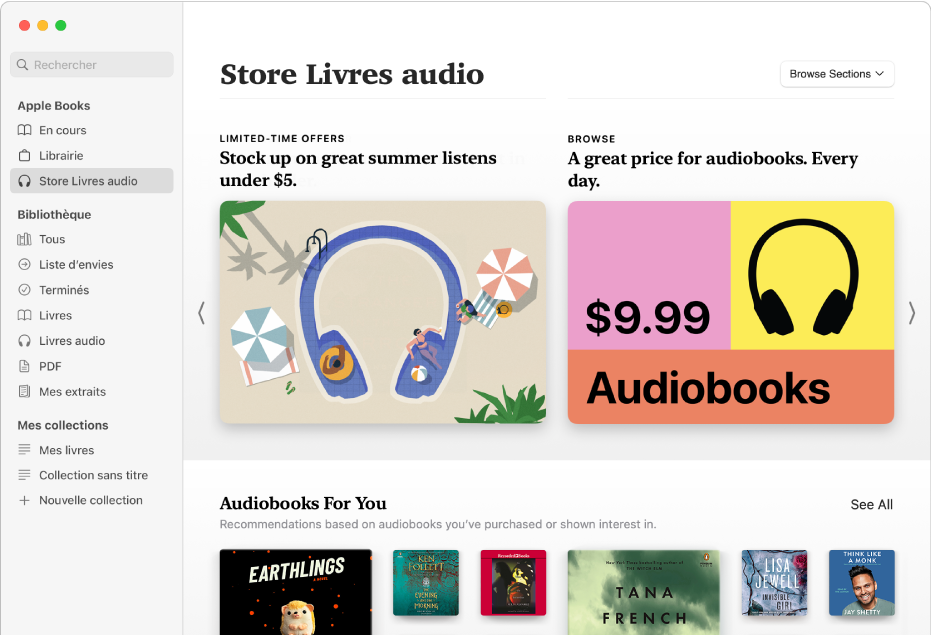 La fenêtre principale du Store Livres audio affichant les livres audio mis en avant.