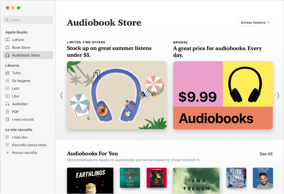 La finestra principale di Audiobook Store, con gli audiolibri in primo piano.