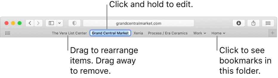 The Favorites bar with a bookmarks folder. To edit a bookmark or folder in the bar, click and hold it. To rearrange items in the bar, drag them. To remove an item, drag it away from the bar.