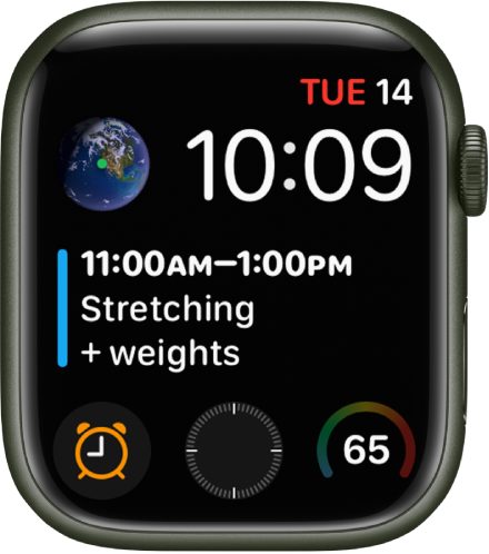 The Infograph Modular watch face showing multiple complications with the Earth complication at the top left, the Calendar Schedule complication spanning the middle of the watch face, and three subdial complications along the bottom: Alarms, Compass, and Weather Temperature.