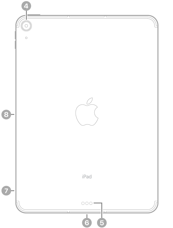 The back view of iPad Air with callouts to the rear camera at the top left, the Smart Connector and USB-C connector at the bottom center, the SIM tray (Wi-Fi + Cellular) at the bottom left, and the magnetic connector for Apple Pencil on the left.