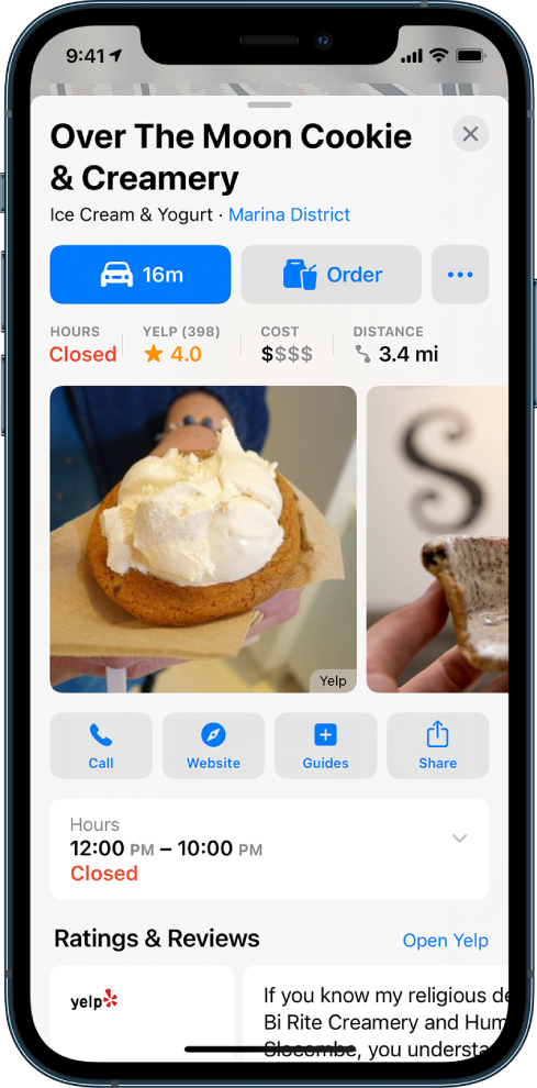 The place card for an ice cream shop. The place card includes buttons for getting directions and placing an order.