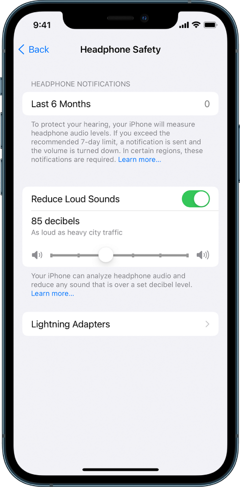 The Headphone Safety screen, showing the number of headphone notifications sent in the last 6 months, the button for turning on or off the Reduce Loud Sounds setting, a slider for changing the maximum decibel level, and the selected decibel limit of 85 decibels.