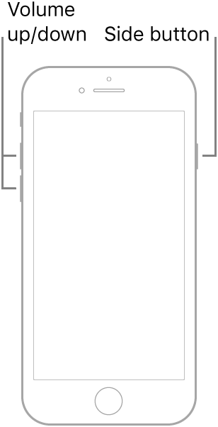 An illustration of a face up iPhone model with a Home button. The volume up and volume down buttons are shown on the left side of the device, and a side button is shown on the right side.